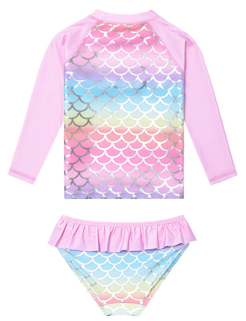 QPANCY Pink Mermaid Rash Guard for Girls Size 8 9 2-Piece Ruffle Swimwear Swimsuits - Image 2